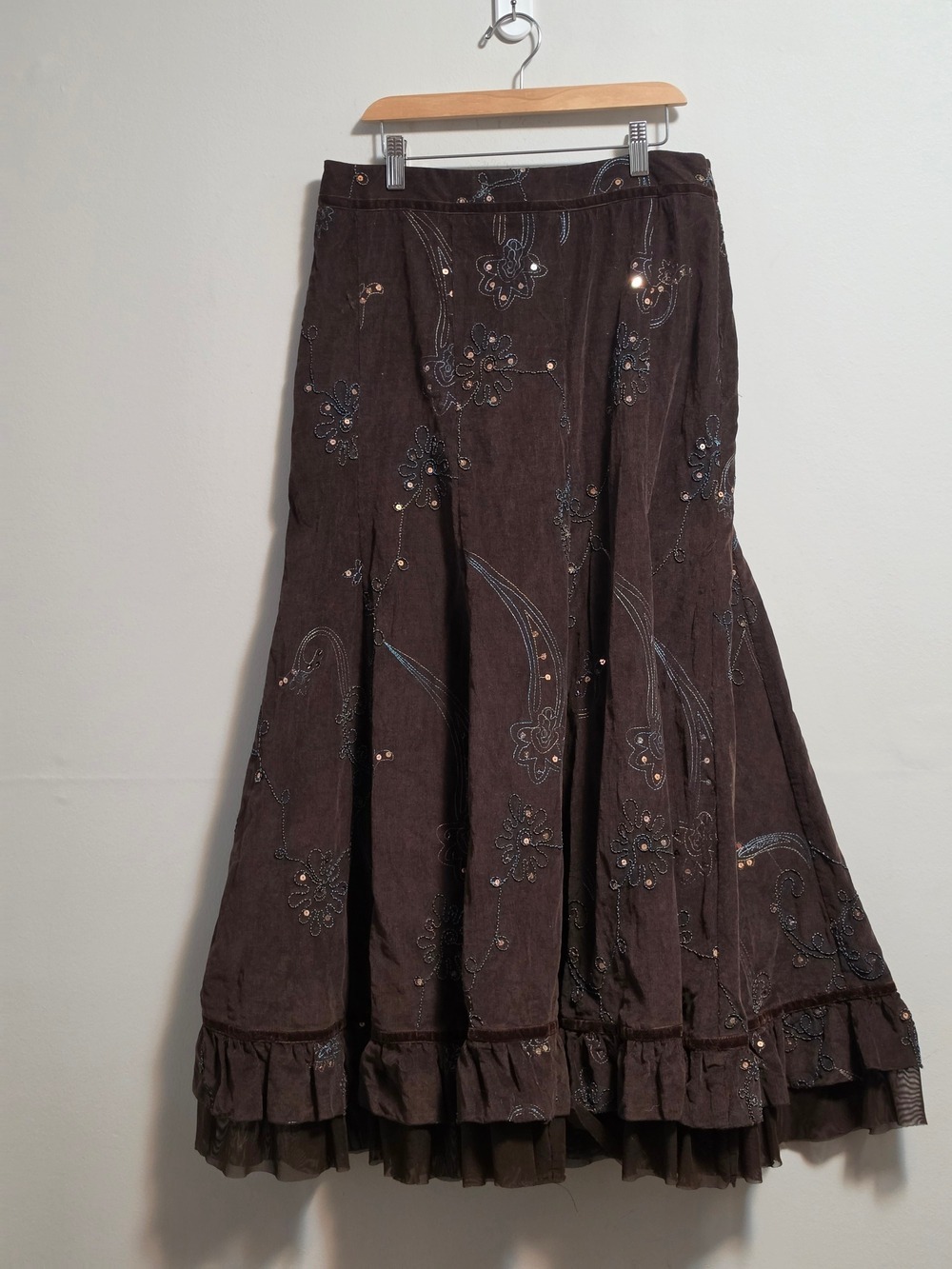 Vintage Tribal Corduroy Embroidered Sequin Brown Maxi Skirt with Ruffle Hem